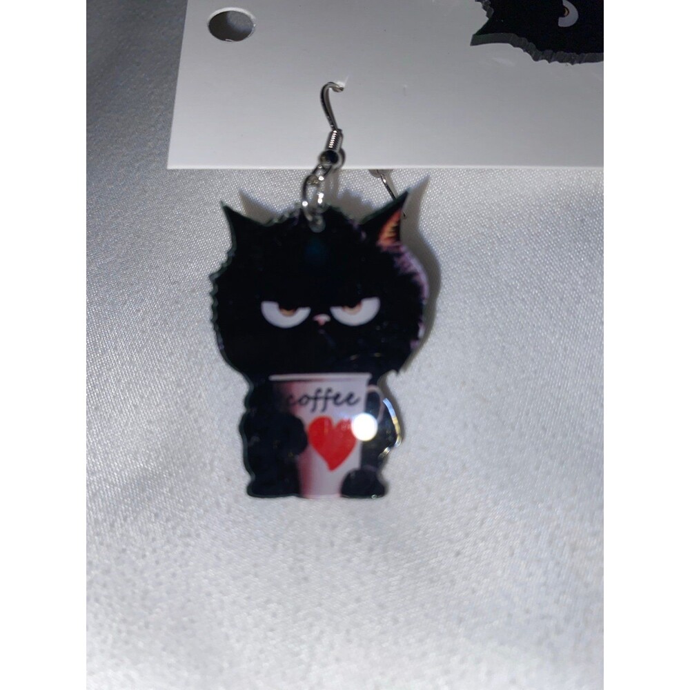 Earrings Black Crabby Coffee‎ Cat Cartoon Whimsical Kitty Acrylic Lightweight - Picture 3 of 5